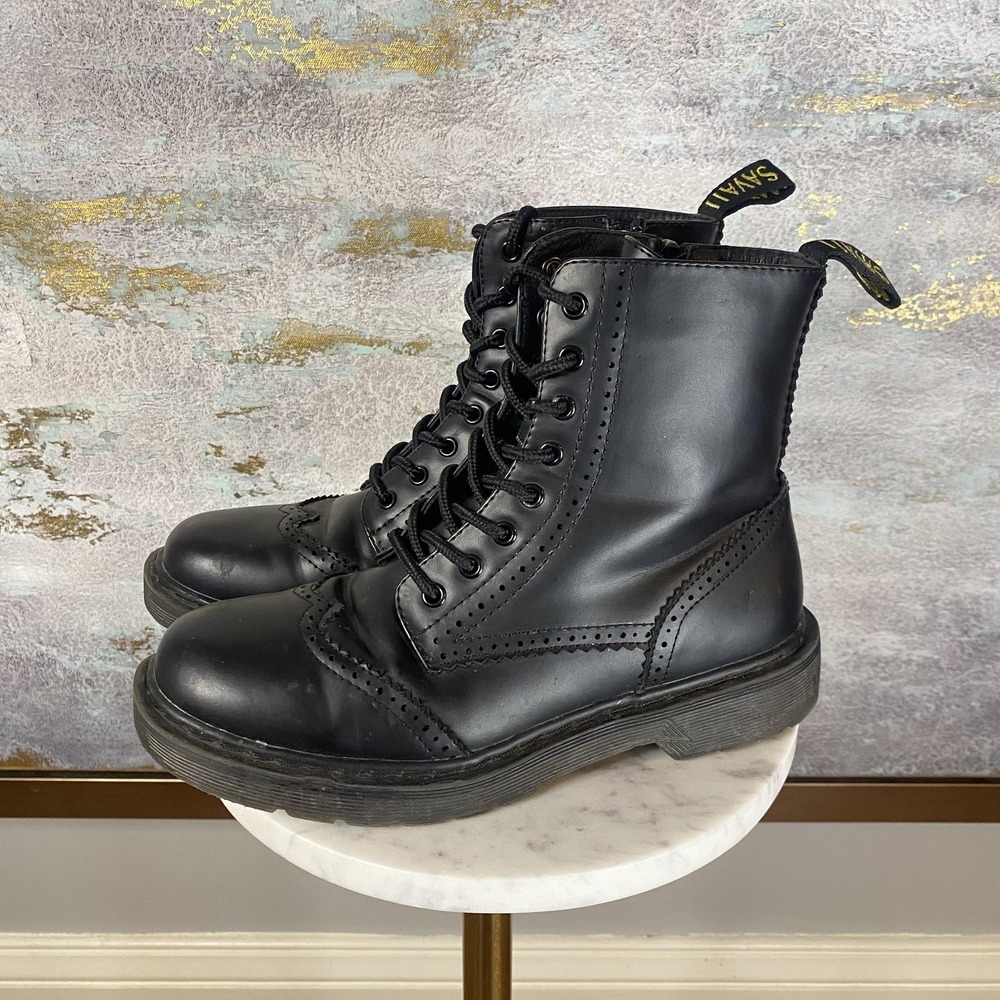 SAVAII Boots Womens Size 7 Black Faux Leather Combat Lace Up Zip Ankle